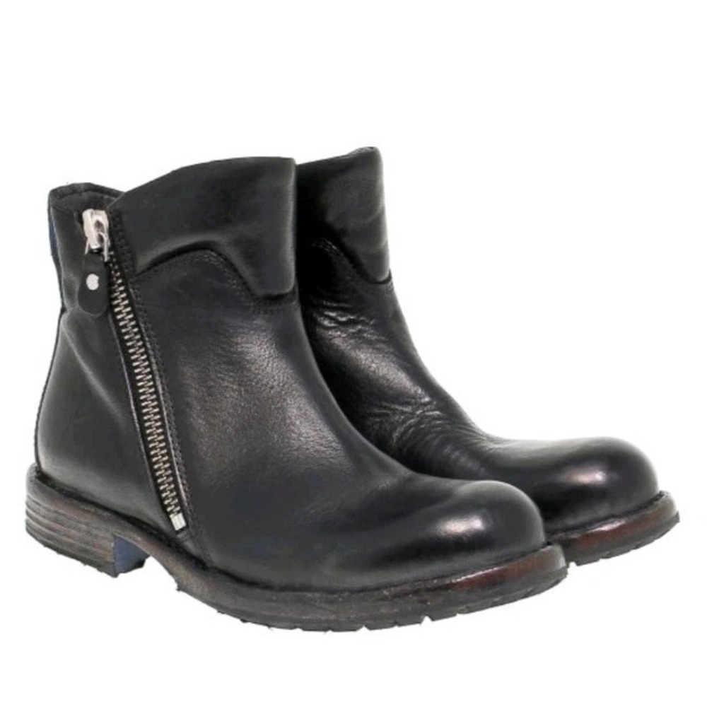 Moma Black Leather Double Zip Biker Ankle Boots Made In Italy 40 Women Slouchy